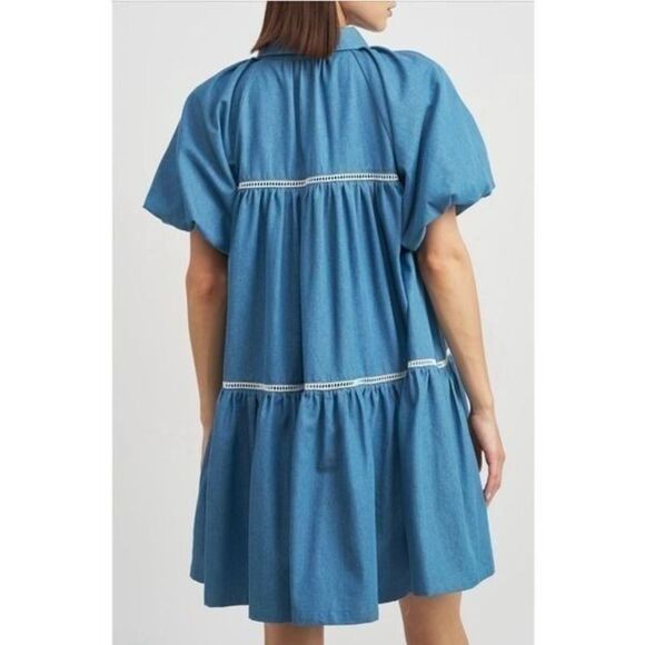 En Saison Tara Tiered Cotton Trapeze Shirtdress In Chambray Blue Size XS - Picture 2 of 12